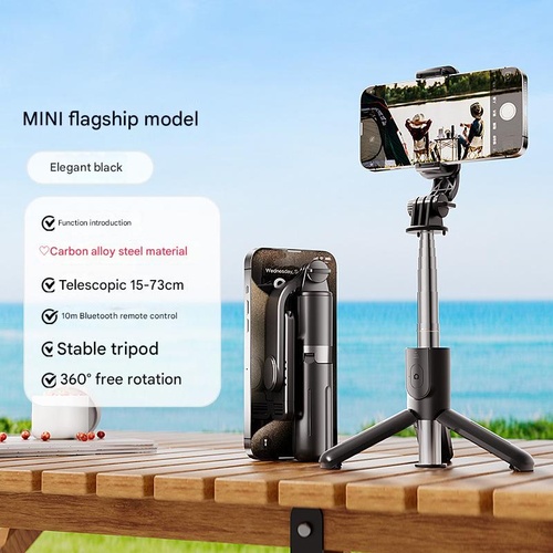 Black Portable Selfie Stick Tripod with Bluetooth Remote - Compact and Adjustable - Main Image