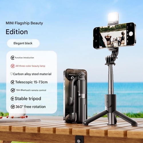 Black With Light Portable Selfie Stick Tripod with Bluetooth Remote - Compact and Adjustable - Main Image