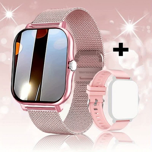 Steel Bracelet With Silicone Strap Pink Smart Fitness Watch with Large Display - 24 Sport Modes, Heart Rate Monitor & More - Main Image