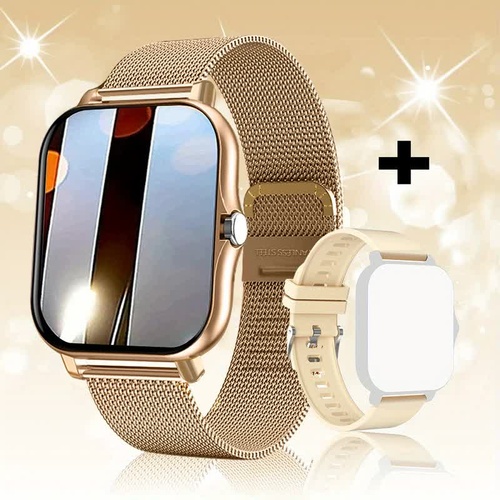 Steel Bracelet With Silicone Strap Gold Smart Fitness Watch with Large Display - 24 Sport Modes, Heart Rate Monitor & More - Main Image