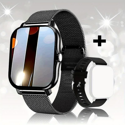 Steel Bracelet With Silicone Strap Black Smart Fitness Watch with Large Display - 24 Sport Modes, Heart Rate Monitor & More - Main Image