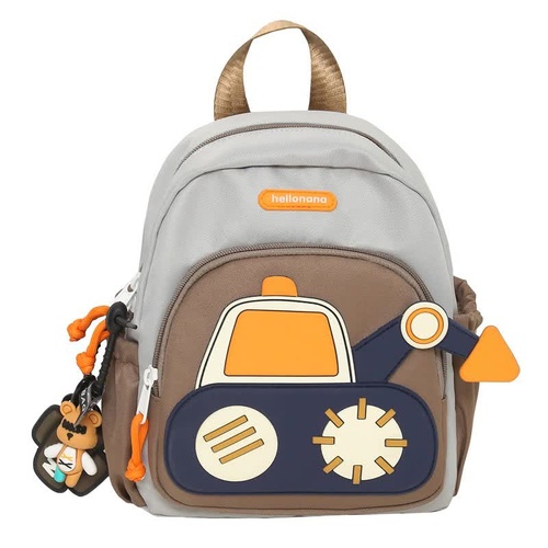 Grey-brown Kids' Cartoon Backpack - Adorable Excavator Design with Spacious Compartments - Main Image