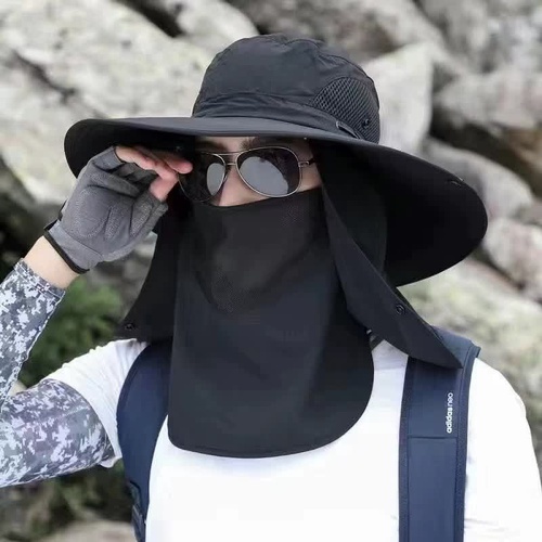 Black Outdoor Sun Protection Hat with Detachable Face and Neck Flap - UPF 50+ - Main Image