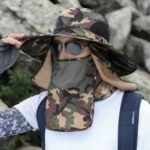 Dark Green Camouflage Outdoor Sun Protection Hat with Detachable Face and Neck Flap - UPF 50+ - Main Image