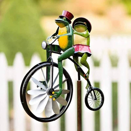 Whimsical Frog Garden Wind Spinner – Metal Yard Art with Cycling Frogs - Main Image