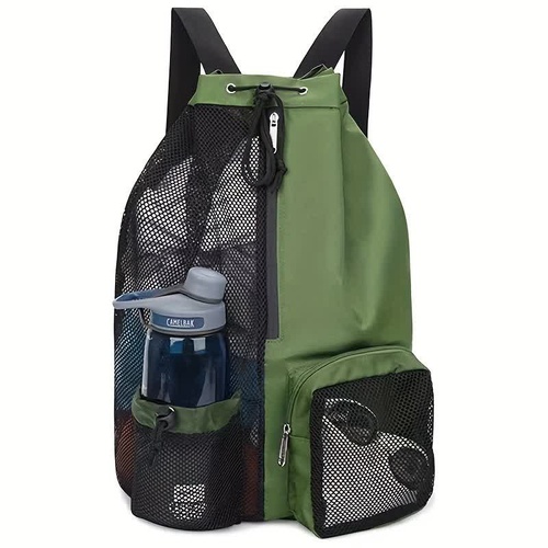Green Mesh Drawstring Backpack - Lightweight Sports and Beach Bag with Pockets - Main Image