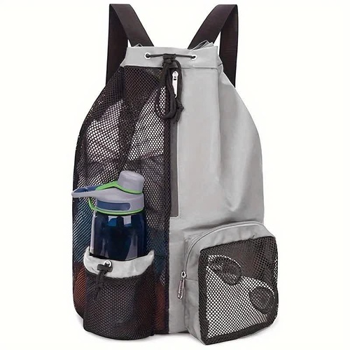 Grey Mesh Drawstring Backpack - Lightweight Sports and Beach Bag with Pockets - Main Image