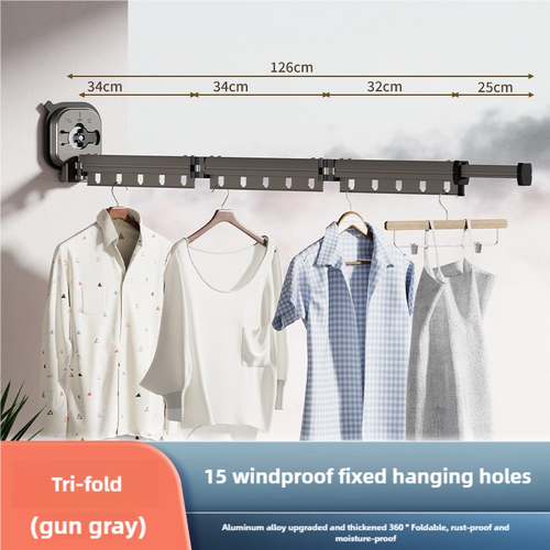 Grey Wall-Mounted Foldable Clothes Drying Rack - 3-Section Aluminum with 15 Windproof Hooks - Main Image