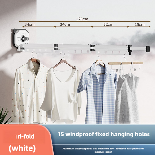 White Wall-Mounted Foldable Clothes Drying Rack - 3-Section Aluminum with 15 Windproof Hooks - Main Image