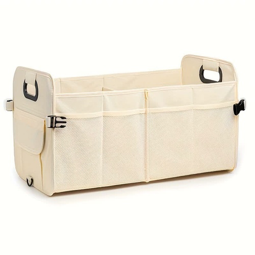 Beige Foldable Car Trunk Organizer - Multi-Compartment Storage Box with Handles - Main Image