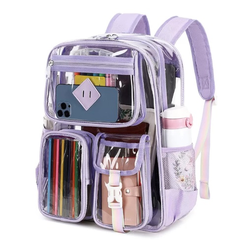 Purple Clear Transparent Backpack - Stylish PVC School Bag with Multiple Pockets - Main Image