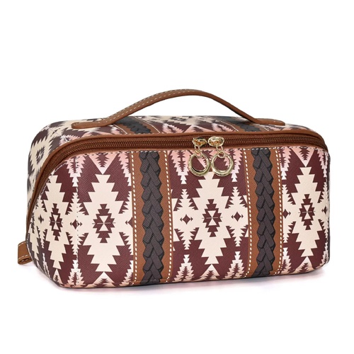Brown Boho Travel Cosmetic Bag - Large Waterproof Makeup Organizer with Handle - Main Image