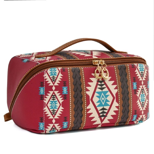 Red Horizontal Pattern Boho Travel Cosmetic Bag - Large Waterproof Makeup Organizer with Handle - Main Image