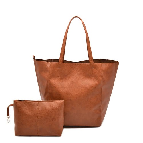 Brown Classic Large PU Leather Tote Bag with Inner Pouch - Elegant and Functional - Main Image