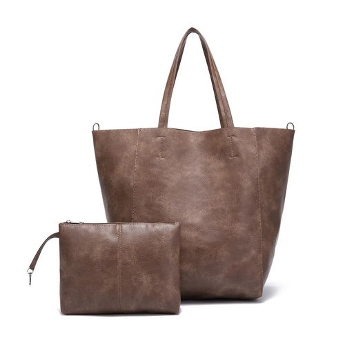 Brownish Classic Large PU Leather Tote Bag with Inner Pouch - Elegant and Functional - Main Image