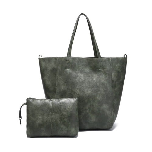 Grey-green Classic Large PU Leather Tote Bag with Inner Pouch - Elegant and Functional - Main Image