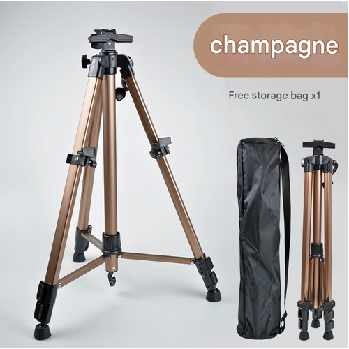 Champagne Lightweight Adjustable Aluminum Camera Tripod with Carry Bag - Professional Photography Stand - Main Image