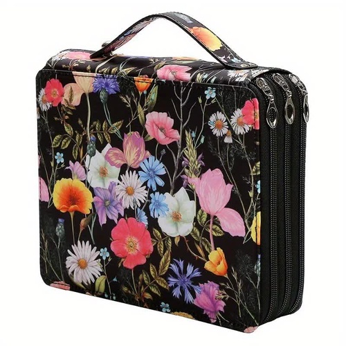 Black Floral Design Portable Zippered Pencil Case - 3-Layer Large Capacity Organizer for Stationery & Art Supplies - Main Image