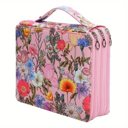 Pink Floral Design Portable Zippered Pencil Case - 3-Layer Large Capacity Organizer for Stationery & Art Supplies - Main Image
