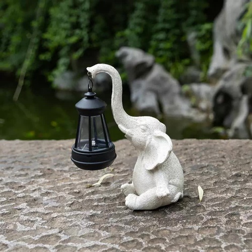 White Meditating Elephant Solar Lantern Statue - Decorative Garden Light for Outdoor Spaces - Main Image