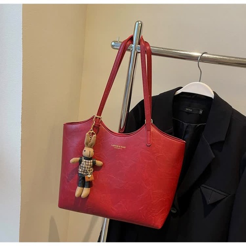 Red Elegant Black PU Leather Tote Bag with Cute Bear Keychain - Large Capacity Handbag for Women (38 x 26 x 13 cm) - Main Image