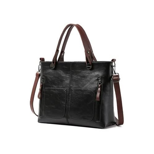 Black Women's Classic PU Leather Tote Bag with Double Handles - Multi-Pocket Shoulder Bag in Black - Main Image