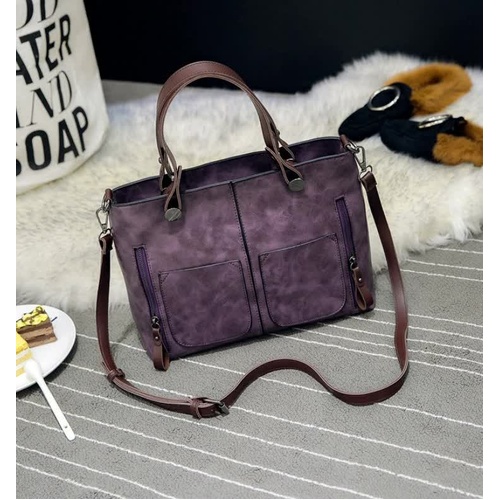 Purple Women's Classic PU Leather Tote Bag with Double Handles - Multi-Pocket Shoulder Bag in Black - Main Image