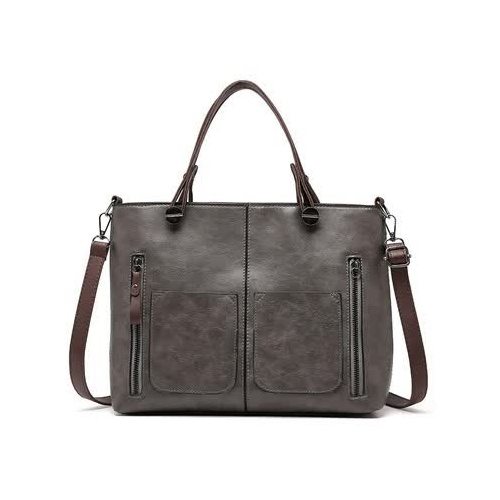 Grey Women's Classic PU Leather Tote Bag with Double Handles - Multi-Pocket Shoulder Bag in Black - Main Image