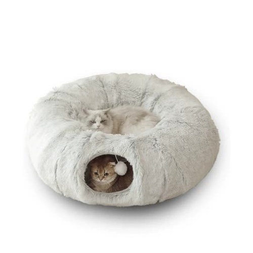 Grey Luxury Plush Cat Bed with Hidden Tunnel - Soft Round Pet Bed for Cats and Small Dogs - Main Image