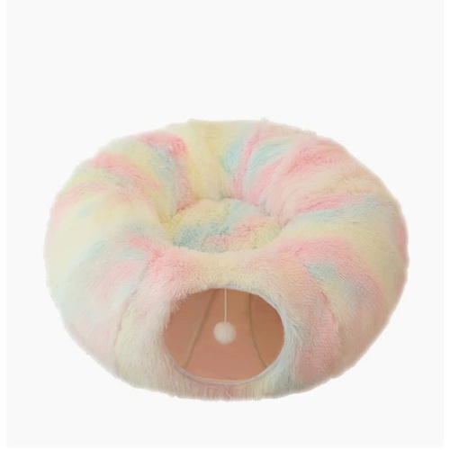 Rainbow Luxury Plush Cat Bed with Hidden Tunnel - Soft Round Pet Bed for Cats and Small Dogs - Main Image