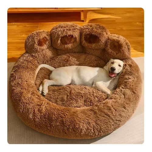 Diameter 90cm Brown Plush Dog Bed with Paw Design - Ultra Soft Round Pet Sofa for Medium to Large Dogs - Main Image