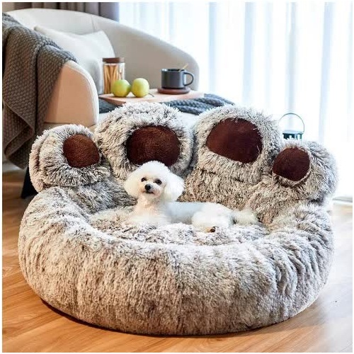 Diameter 90cm Grey Plush Dog Bed with Paw Design - Ultra Soft Round Pet Sofa for Medium to Large Dogs - Main Image