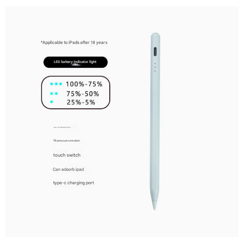 White Stylus Pen for iPad (2018 & Later) - Tilt Pressure, Magnetic Attachment, LED Battery Indicator, Type-C Rechargeable - Main Image