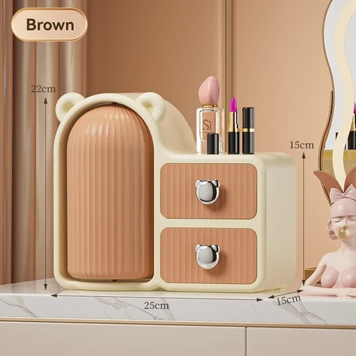 White-brown Cute Bear-Themed Multi-Functional Cosmetic Storage Organizer with Drawers - Main Image