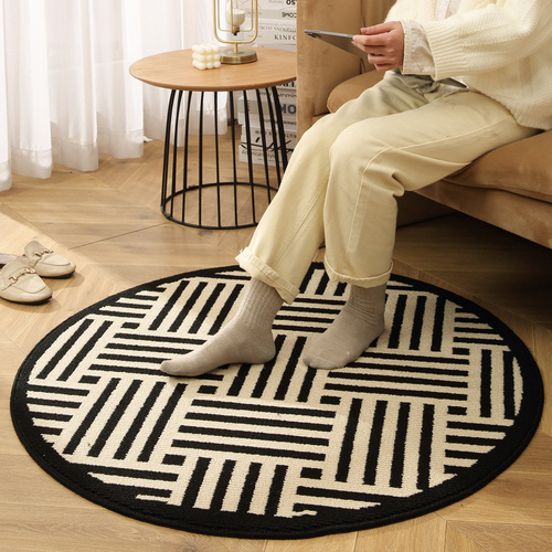 Black Horizontal Stripes Modern Round Area Rug with Geometric Black and White Pattern - Main Image