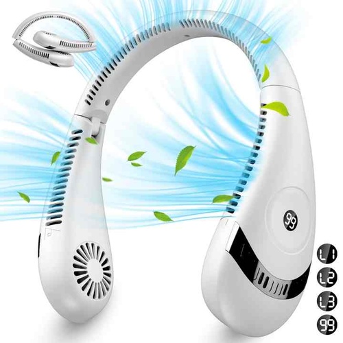 White Rechargeable 5000mAh Portable Neck Fan with 3-Speed Settings - Main Image