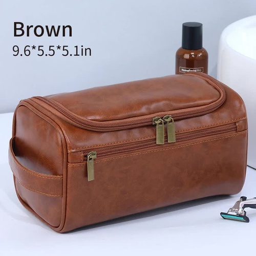 Brown Premium PU Leather Travel Toiletry Bag with Zipper Compartments - Main Image
