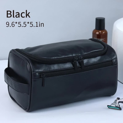 Black Premium PU Leather Travel Toiletry Bag with Zipper Compartments - Main Image