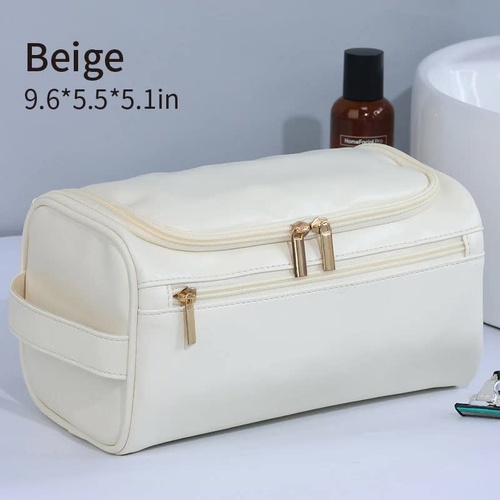 Beige Premium PU Leather Travel Toiletry Bag with Zipper Compartments - Main Image
