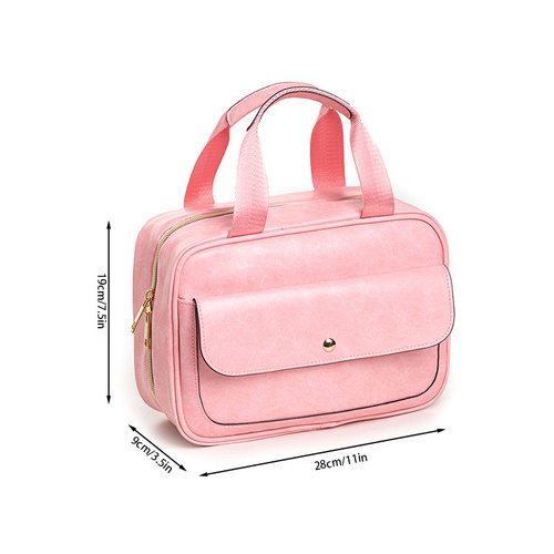 Pink Compact PU Leather Travel Toiletry Bag with Zipper Compartments - Main Image