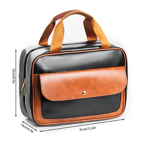 Black-brown Compact PU Leather Travel Toiletry Bag with Zipper Compartments - Main Image