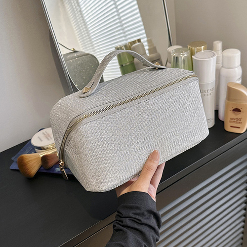 Silver Elegant Glitter Cosmetic Bag with Zipper and Handle - Main Image