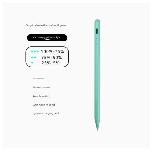 Green Stylus Pen for iPad (2018 & Later) - Tilt Pressure, Magnetic Attachment, LED Battery Indicator, Type-C Rechargeable - Main Image