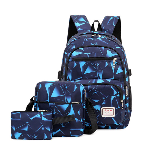 Blue Stylish 3-Piece Backpack Set with Unique Geometric Design - Main Image