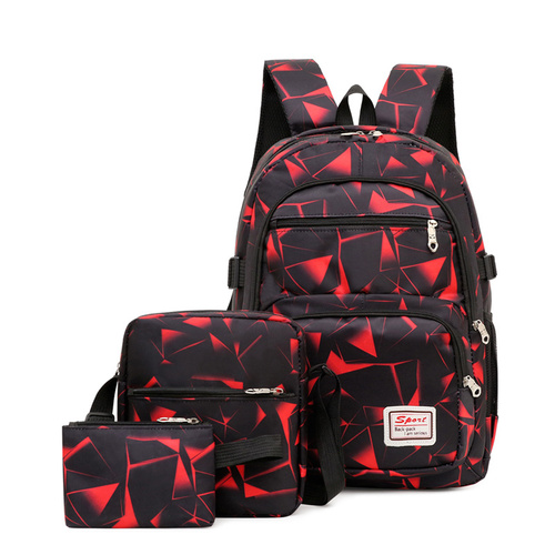 Red Stylish 3-Piece Backpack Set with Unique Geometric Design - Main Image