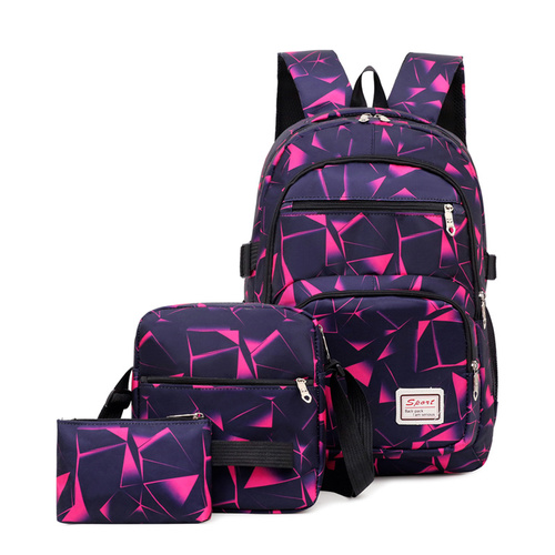 Rose-red Stylish 3-Piece Backpack Set with Unique Geometric Design - Main Image