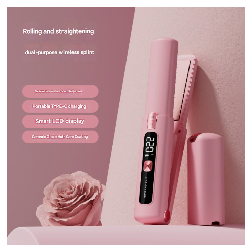Pink Portable Two-in-One Wireless Hair Straightener and Curler with Six Temperature Settings and Intelligent Liquid Crystal Display - Main Image