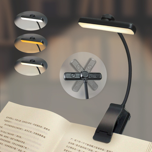 Black Rechargeable LED Book Light with Adjustable Brightness and Color Temperature - Perfect for Reading - Main Image
