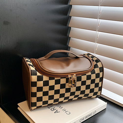 Brown Checkered Cosmetic Bag with Handle - Stylish, Compact, and Practical for Travel - Main Image
