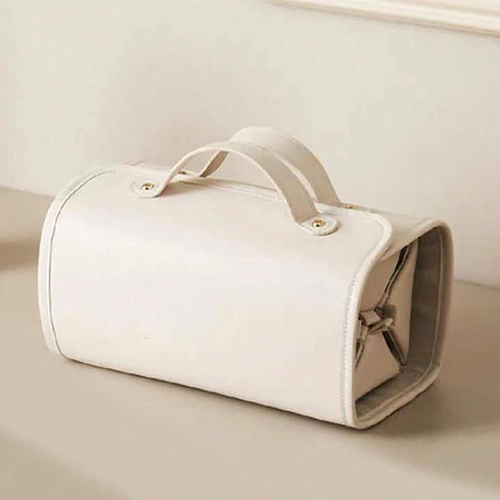 Beige Elegant Cosmetic Bag with Handle - Stylish and Compact for Travel and Storage - Main Image